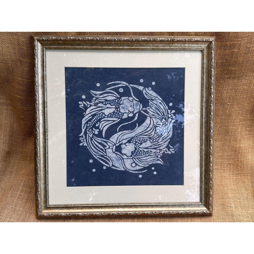 Indigo Batik Twin Koi Linen Wall Art | Handmade Taiji Yin Yang Textile